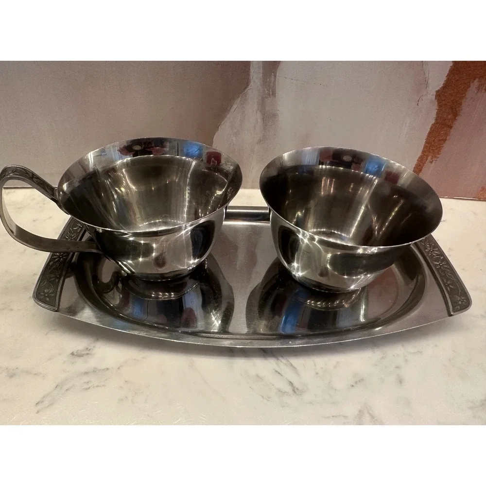 Vtg Stainless Steel Flower Emboss 70s MCM Japan‎ Butter Sugar Creamer Gravy Boat